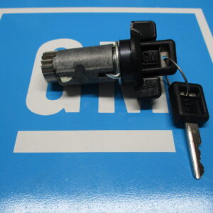 A key inserted in a lock and placed on a blue surface