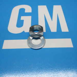 Nut and washer placed on a blue surface with the logo of GM